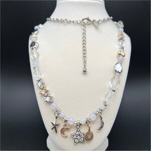 Chico's Celestial Charm Necklace Long Silver Gold Star Moon Dream Beaded